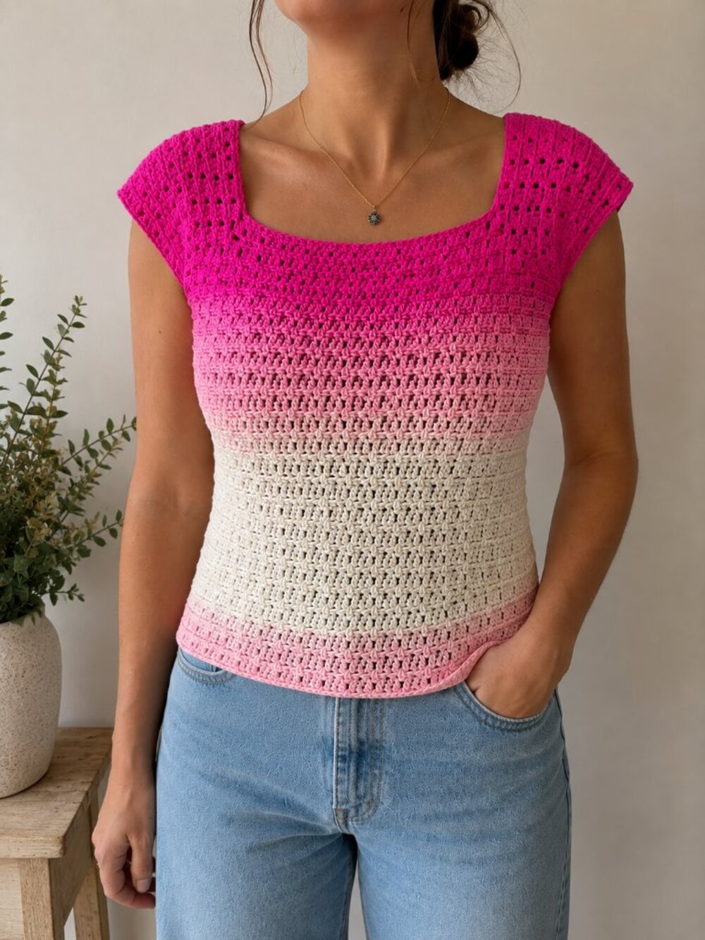 Handmade Pink Ombré Gradient Crochet Top Small
